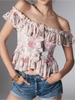 NWOT-Anthropologie Floral Ruffle Off Shoulder Top